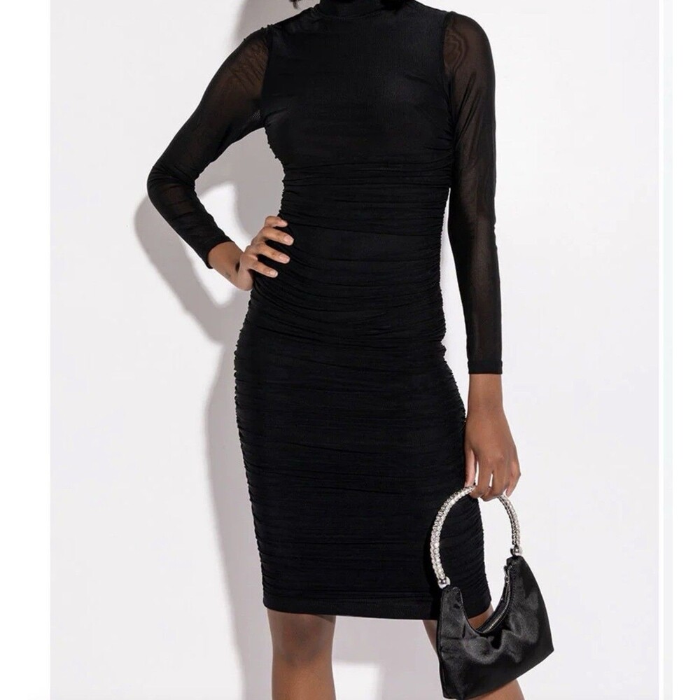 AKIRA Long Sleeves Sheer Runched Bodycon Black Dress Sz M